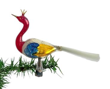 Glasornament, Vogel / Pfau auf Zwicker, ~ 1930/1940