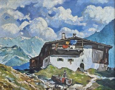 Gemälde Bergbauernhof im Ötztal, sig. F. West, datiert 1940, München