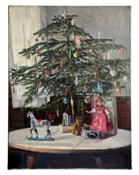 Antikes Gemälde Weihnachten / Christbaum mit Spielsachen um 1915