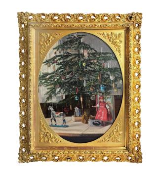 Antique painting Christmas spirit / Christmas tree with toys around 1915