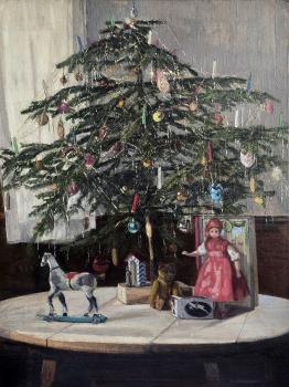 Antikes Gemälde Weihnachten / Christbaum mit Spielsachen um 1915