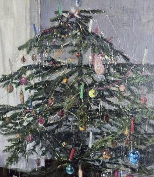 Antikes Gemälde Weihnachten / Christbaum mit Spielsachen um 1915