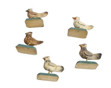 5 Grulicher Krippentiere, Hühner, Holz geschnitzt