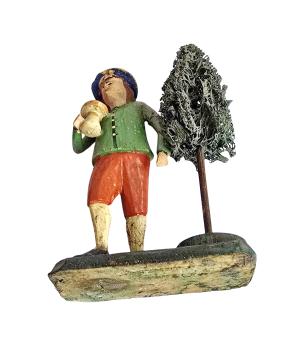 Antike Grulicher Krippenfigur / Hirte mit Pilz, ~ 1900 (10 cm)