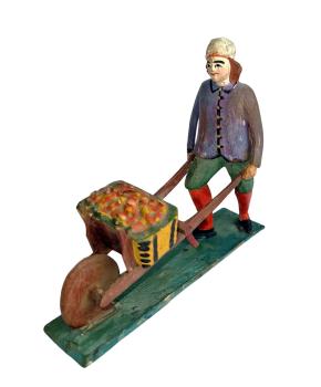 Antique grulich crib figurine, Gift bringer with barrow, around 1900 (10 cm)