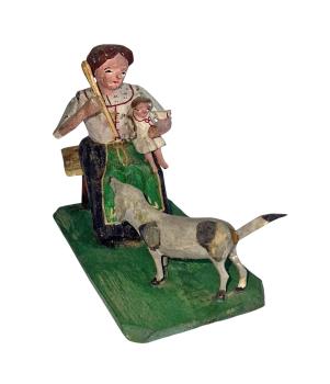 Antike Grulicher Krippenfigur / Mutter mit Kind und Hund, um 1900 (10 cm)