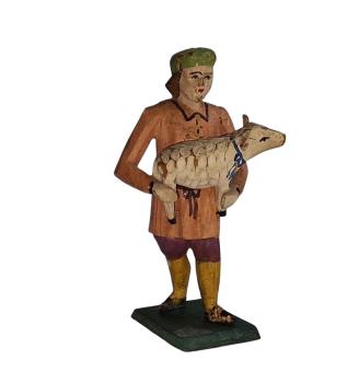 Antike Grulicher Krippenfigur / Gabenbringer / Hirte mit Schaf um 1900 (10 cm)