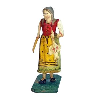 Antike Grulicher Krippenfigur / Gabenbringer mit Ente um 1900 (10 cm)