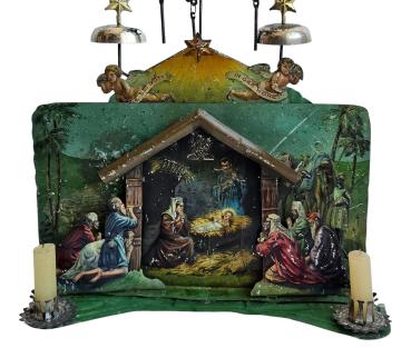 Antike Weihnachtskrippe mit Engelgeläut, lithographiertes Blech um 1900