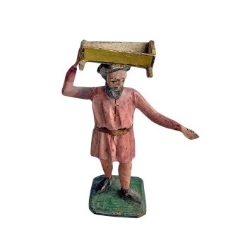 Antique grulich crib figurine, Gift bringer with cradle, around 1900 (10 cm)