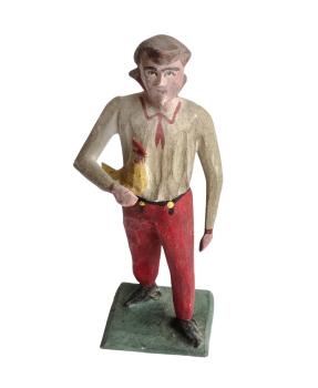 Antike Grulicher Krippenfigur / Gabenbringer mit Huhn um 1900   (10 cm)