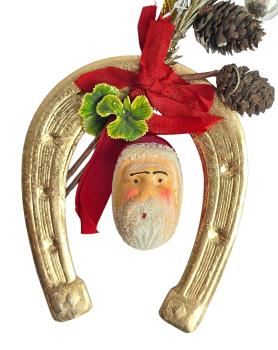 Alte Deko für den Christbaum, Hufeisen mit Nikolaus