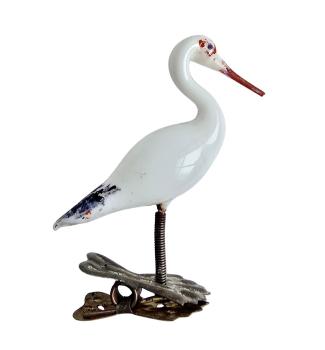 Milk glass stork on clip, around 1920