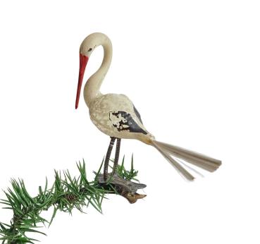 Antique Christmas tree ornament, stork on clip around 1920