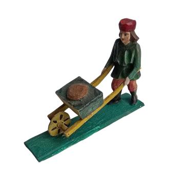 Antike Grulicher Krippenfigur / Gabenbringer mit Schubkarre um 1900 (7 cm)