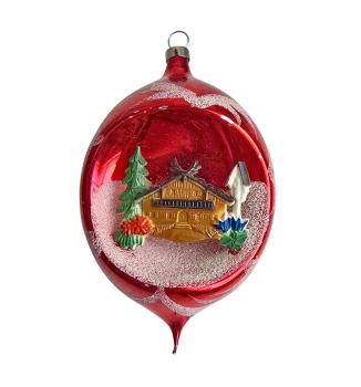 Antique Christmas tree decoration, indent diorama ball with hunter`s house around 1950