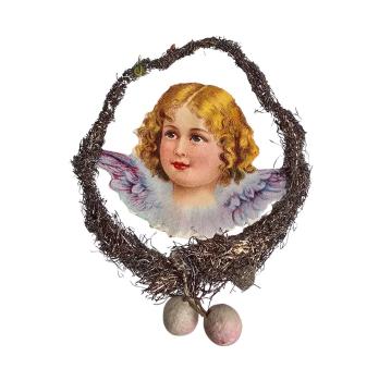 Antiker Christbaumschmuck, Tinselornament mit Engel Oblate um 1920
