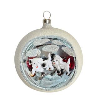 Antiker Christbaumschmuck, Diorama Kugel mit Hunden um 1950
