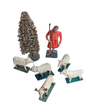 Preview: Antique grulich crib figurines, shepherd with 5 sheep, around 1900 (10 cm)