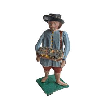 Antique grulich crib figurine, gift bringer with fruits, around 1920 (7 cm)