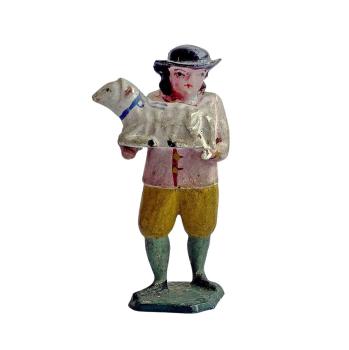Antike Grulicher Krippenfigur / Hirte mit Schaf um 1900 (7 cm)