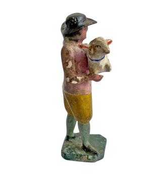 Preview: Antike Grulicher Krippenfigur / Hirte mit Schaf um 1900 (7 cm)