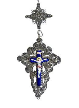 Rosenkranz filigran aus Silber, Kreuz mit Emaille, 19. Jahrhundert