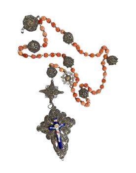 Rosenkranz filigran aus Silber, Kreuz mit Emaille, 19. Jahrhundert