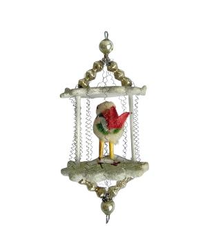 Gablonzer Vogelkäfig mit Vogel um 1930