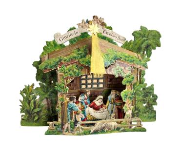 Antike Weihnachtskrippe / Faltkrippe aus Karton