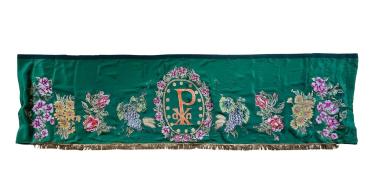 Antike grüne Altardecke, Altarverkleidung, handbemalt, um 1920