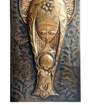 Preview: Mid century Kupfer Relief, S. Cellini, Madonna mit Kind