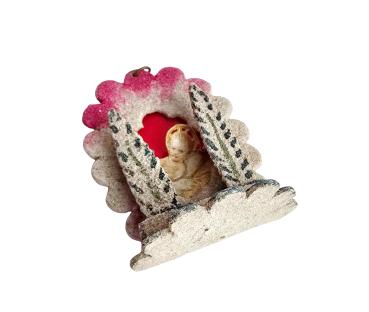 Preview: Beglimmertes Kartonornament, Krippe mit Jesus, um 1930