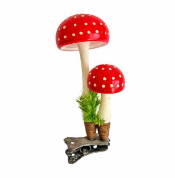 Antique pair mushrooms / fly agarics on clip, around 1930