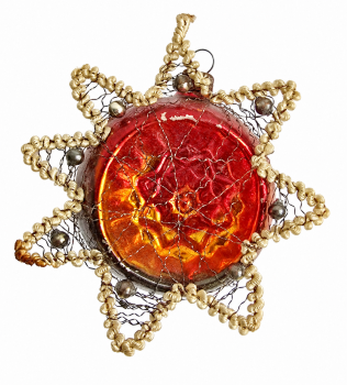 Wire wrapped glass kugel, indent kugel, Lauscha