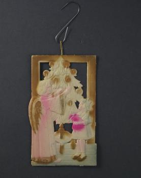 Kartonornament - Engel, Christbaum und Kind aus geprägter Pappe um 1920