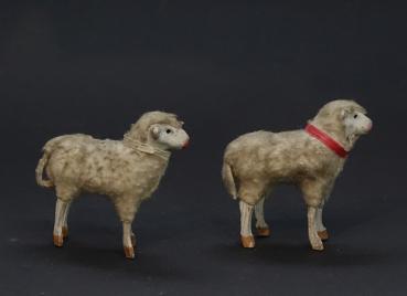 2 tiny German sheep, putz wooly, wood legs, compo body ~ 1920