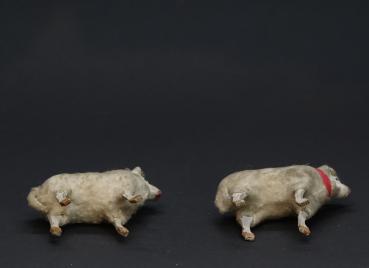 2 tiny German sheep, putz wooly, wood legs, compo body ~ 1920