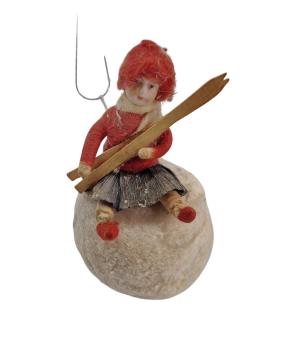 Heubach Spun Cotton Girl with Ski on snow ball, ca. 1900