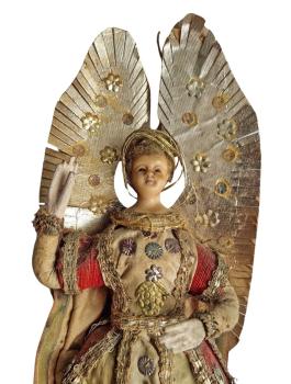 Prächtig gekleidete Krippenfigur / Engel um 1800