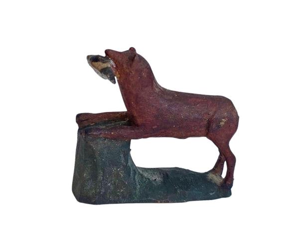 Antike Grulicher Krippenfigur / Hund mit Vogel um 1900