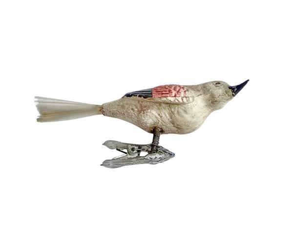 Alter Christbaumschmuck, Glasornament,  Vogel auf Zwicker, ~ 1920