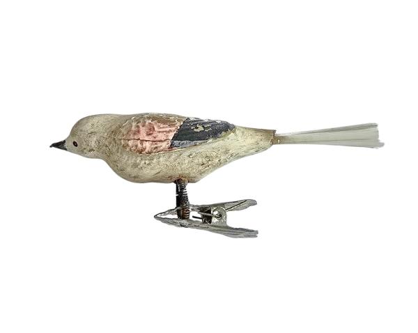 Alter Christbaumschmuck, Glasornament,  Vogel auf Zwicker, ~ 1920
