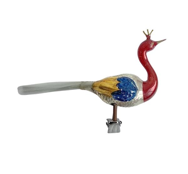 Glasornament, Vogel / Pfau auf Zwicker, ~ 1930/1940
