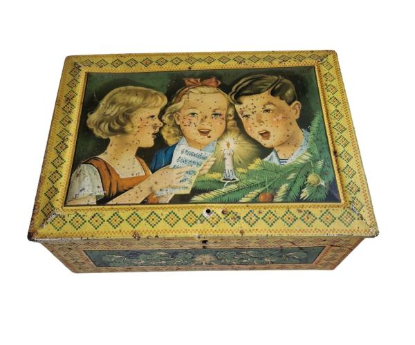 Antique tin box / Christmas motif / gingerbread tin with singing children