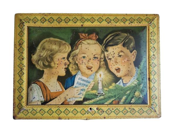 Antique tin box / Christmas motif / gingerbread tin with singing children
