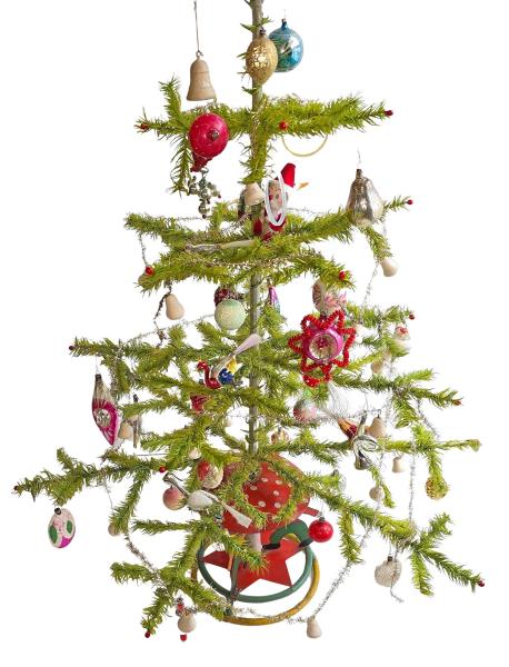 Antique goose feather tree / feather tree with old christmas tree decorations, 128 cm