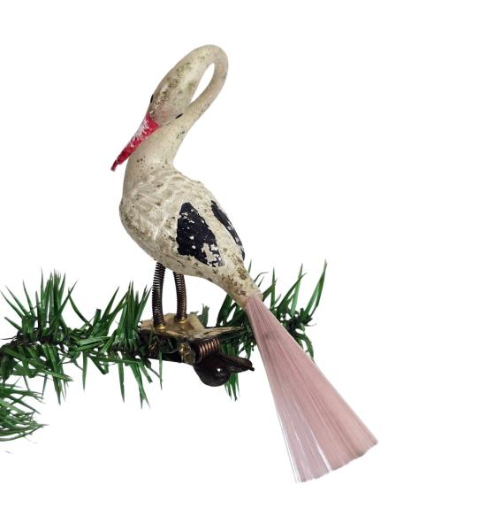 Alter Christbaumschmuck, Glasornament,  Storch auf Zwicker, ~ 1930
