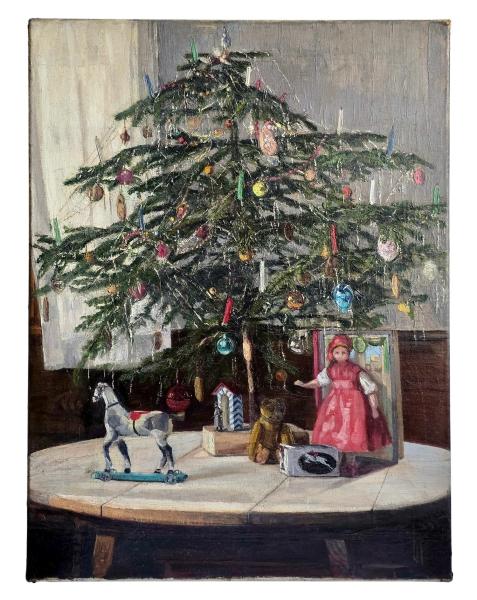 Antikes Gemälde Weihnachten / Christbaum mit Spielsachen um 1915
