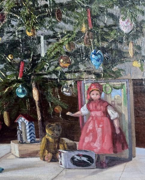Antikes Gemälde Weihnachten / Christbaum mit Spielsachen um 1915